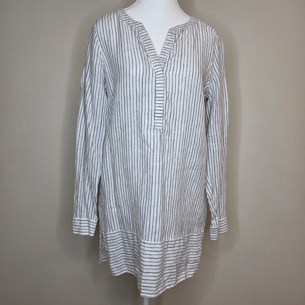 J. Jill Love Linen Striped Tunic Top Grey White Split Neck XS‎ Missy